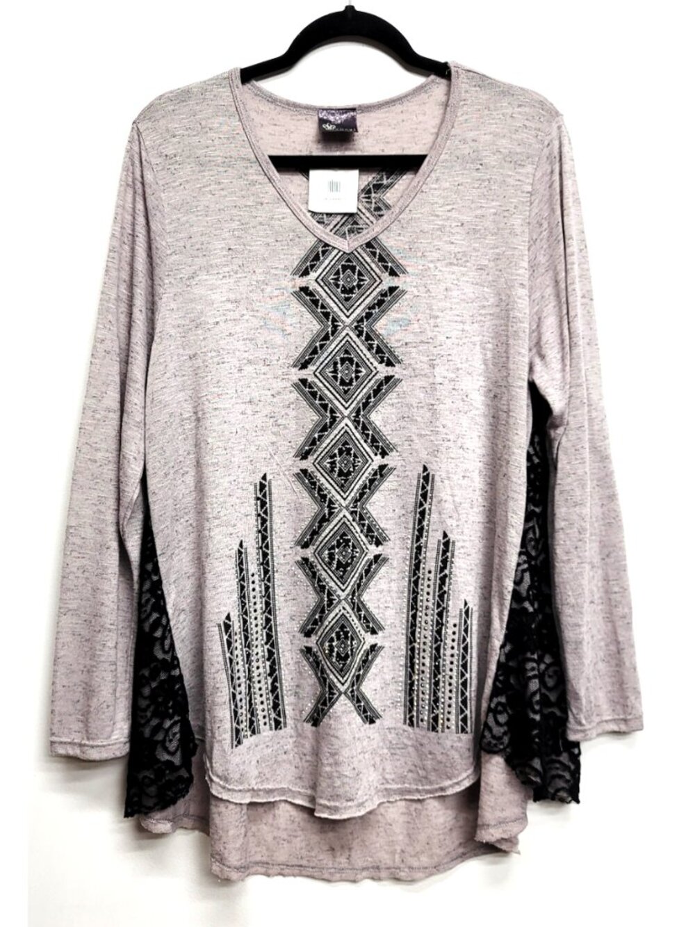 NWT Vocal Grey Black Aztec Rhinestone Lace Side Hi-Low Tunic 3XL